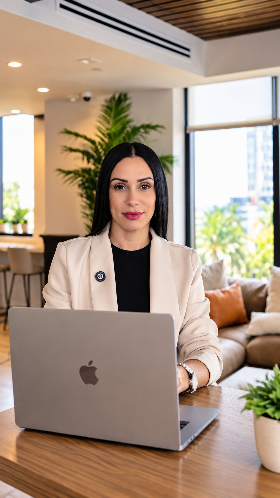 Denise Parodi con blazer beige, sentada detrás de su laptop